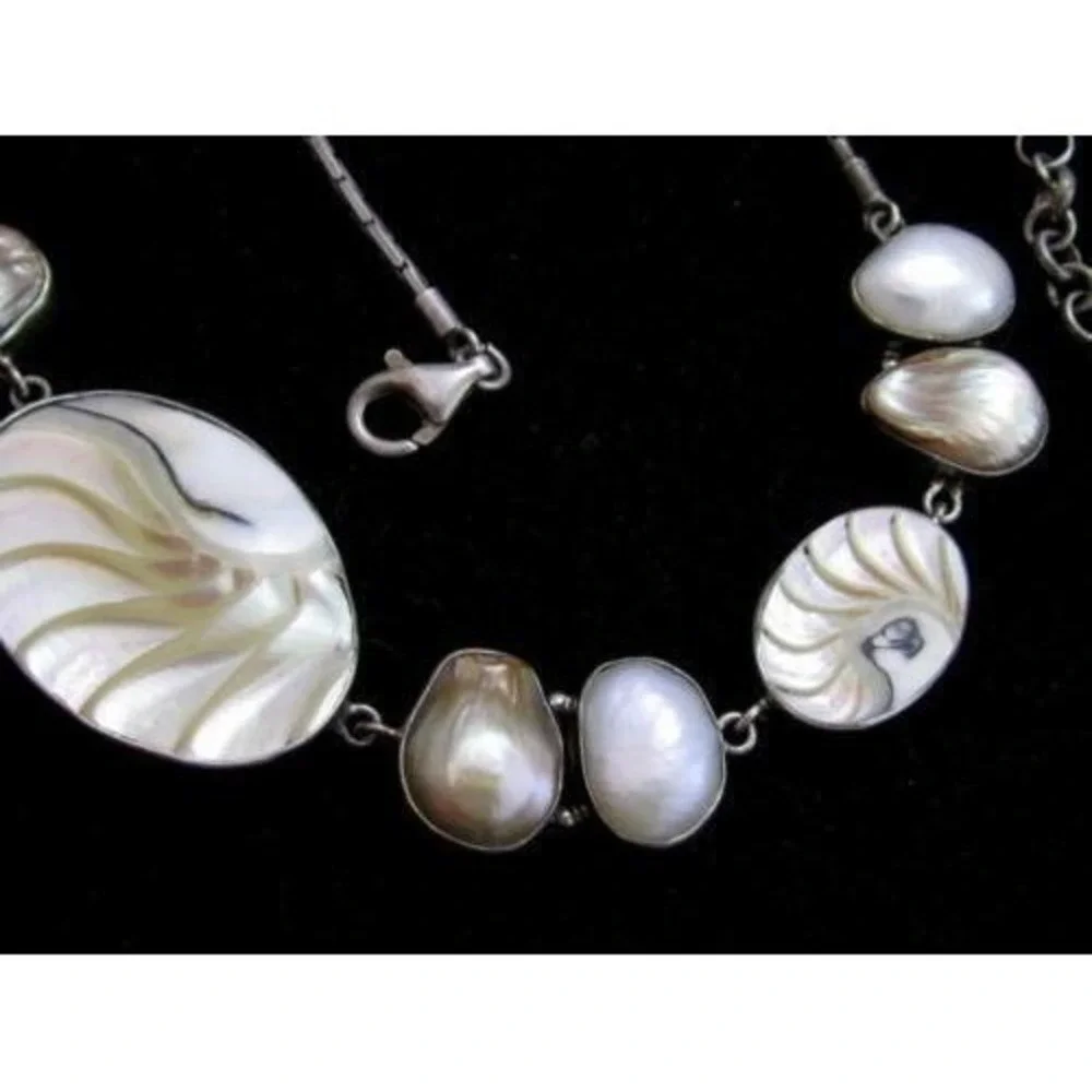 Vintage Stunning Bezel Set Freshwater Pearl Shell Sterling Silver 925 Necklace‎